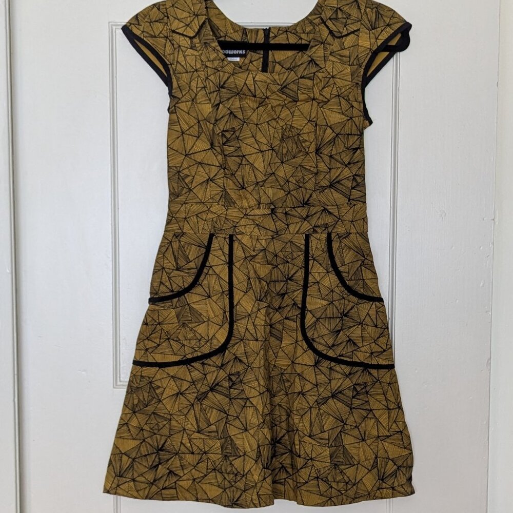 Nooworks Mustard Yellow and Black Geometric Fit-and-Flare Dress